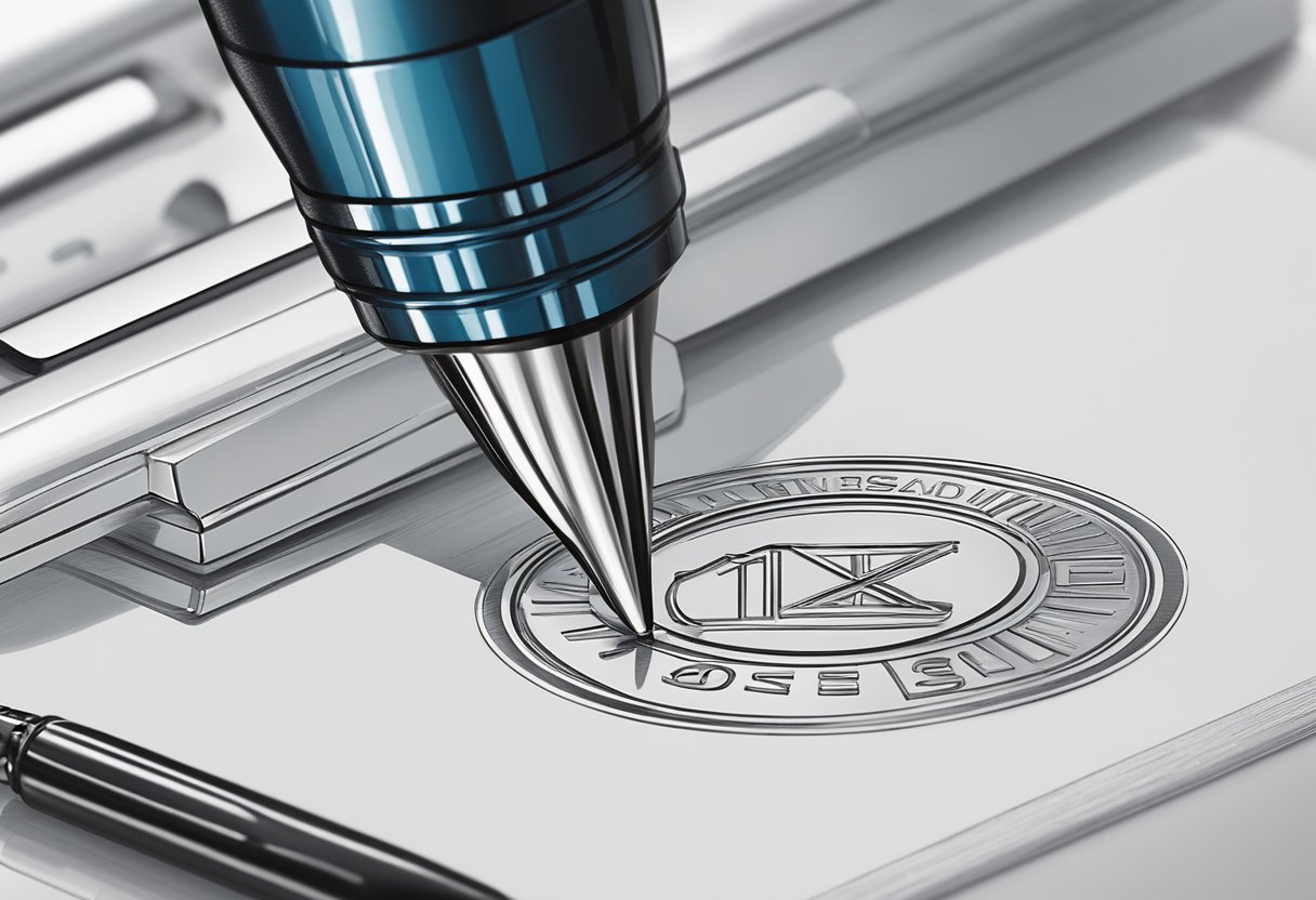 A corporate logo being engraved on a sleek, high-quality pen