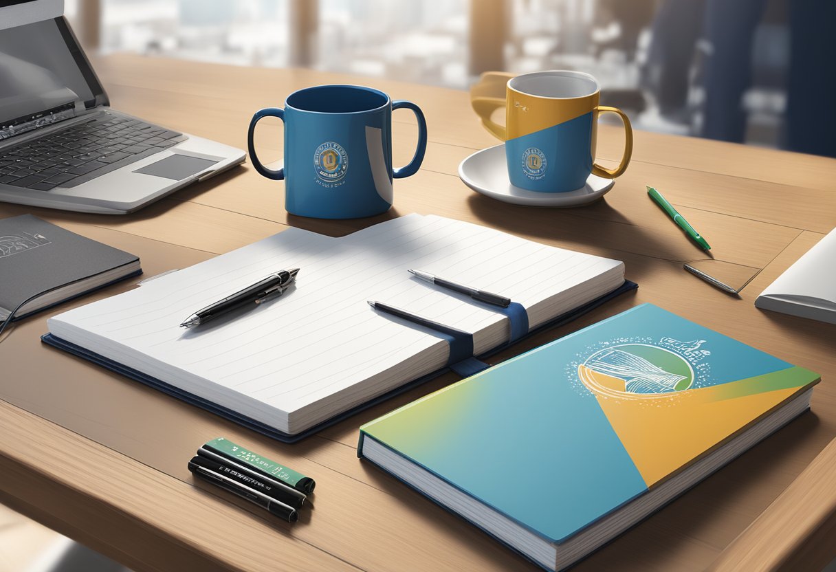 A desk with custom logo mugs, engraved pens, and branded notebooks