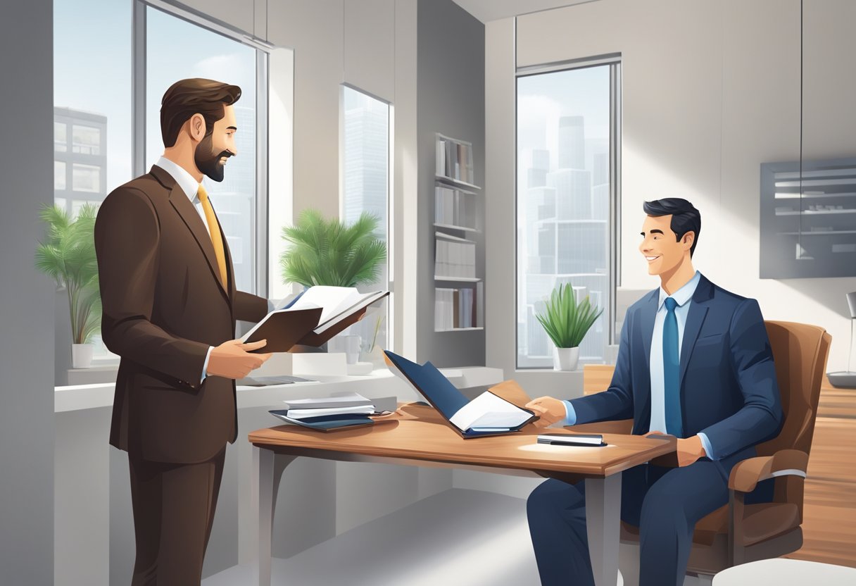 A businessman presents a leather portfolio to a client in a modern office setting, symbolizing the enhancement of business relations through corporate gifts