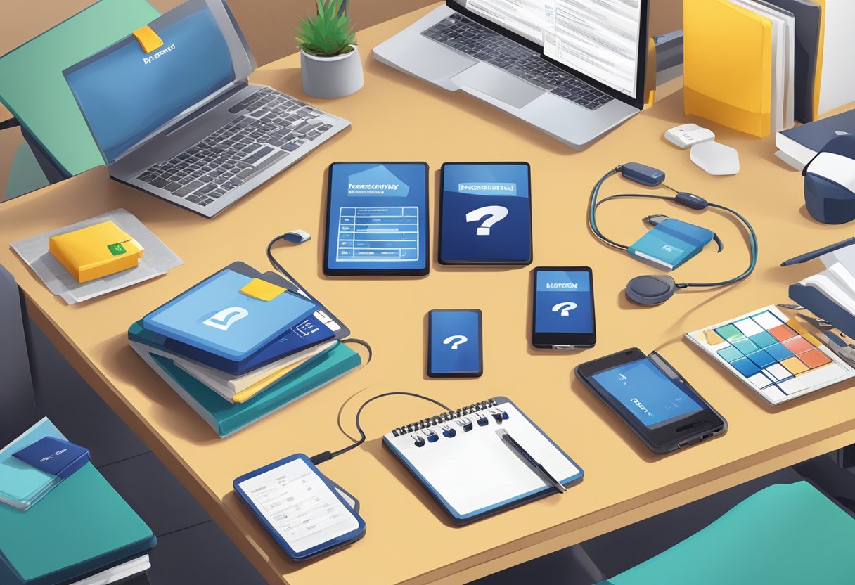 A table with various corporate gifts including branded powerbanks and a sign reading "Frequently Asked Questions" in a professional office setting