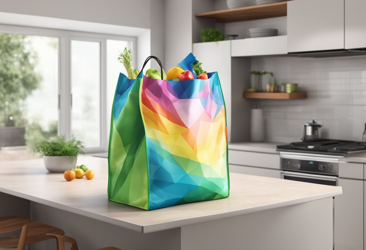 A foldable recycle bag lies open, with colorful, eco-friendly design. It rests on a clean, modern kitchen counter