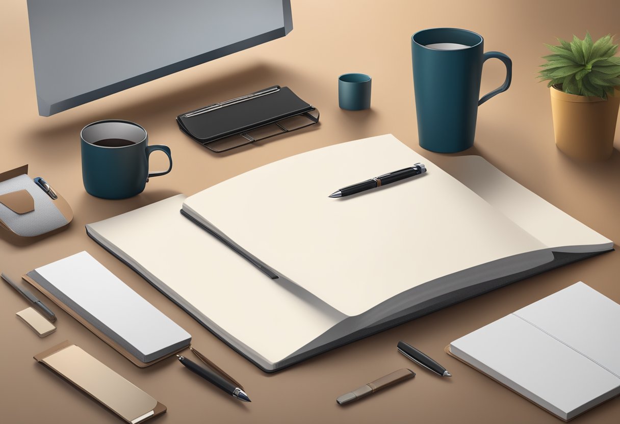 A desk with a sleek pen set, leather notebook, and branded mug. A gift box with logo. Company logo on wall