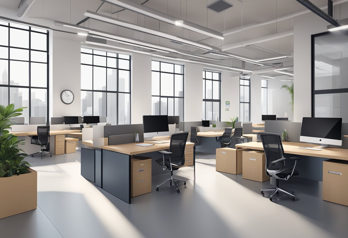 A sleek, modern office space with employees efficiently packaging and shipping high-quality corporate gifts. The company logo prominently displayed