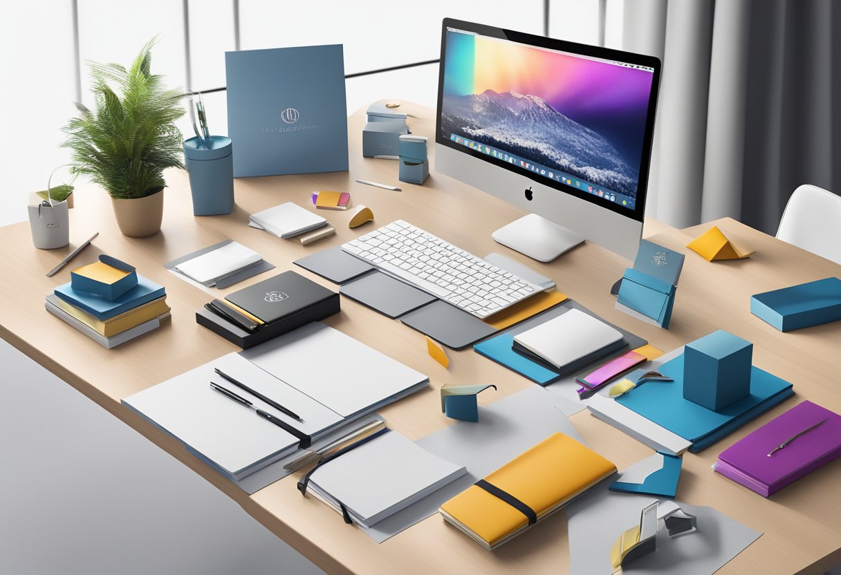 A sleek, modern office desk adorned with branded merchandise and elegant gift boxes, showcasing a range of corporate gifts