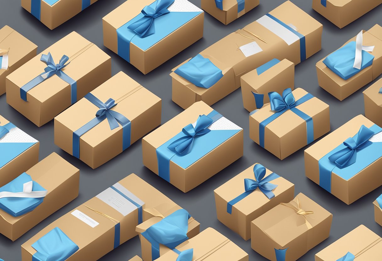 A table holding various wrapped corporate gifts, with a company logo on each box, surrounded by packing materials and a shipping label