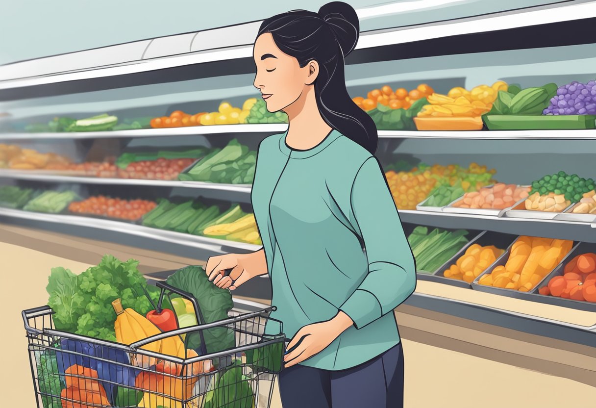 A woman packs groceries into a foldable nylon bag. She then uses it as a shoulder bag while walking home
