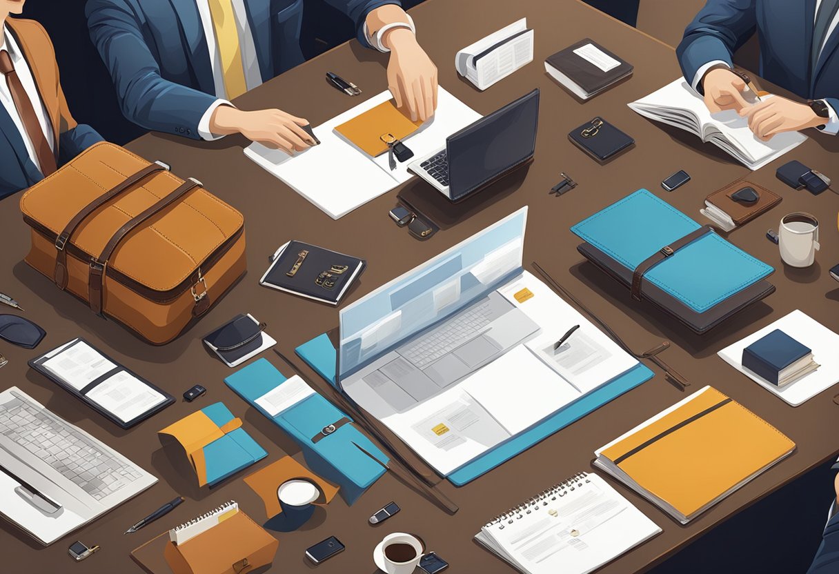 A table adorned with leather corporate gifts, surrounded by a group of people asking questions