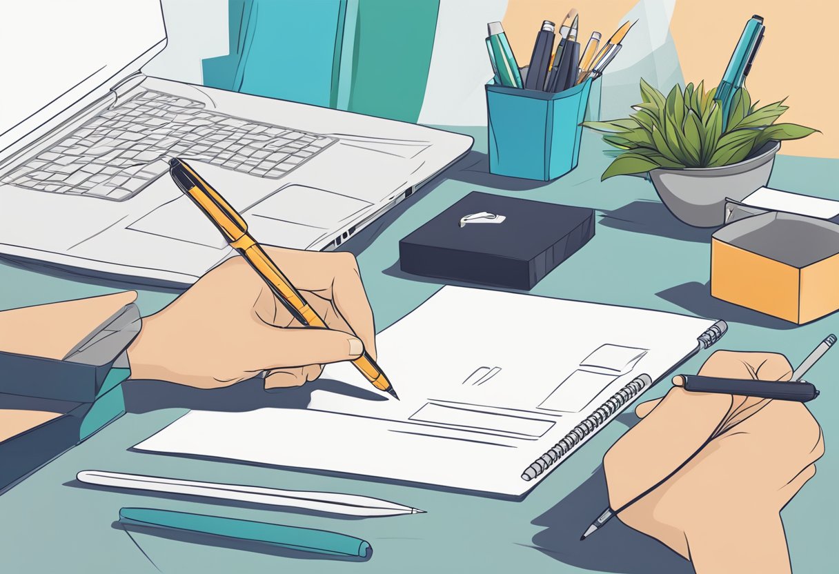 A hand reaches for a sleek pen with the company logo. A selection of branded gifts sits on a table, waiting to be customized