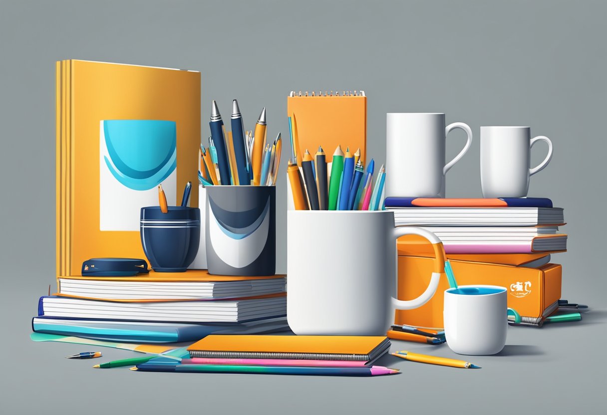 A table adorned with branded items: pens, mugs, and notebooks. A stack of gift boxes with company logos. Bright, modern office backdrop