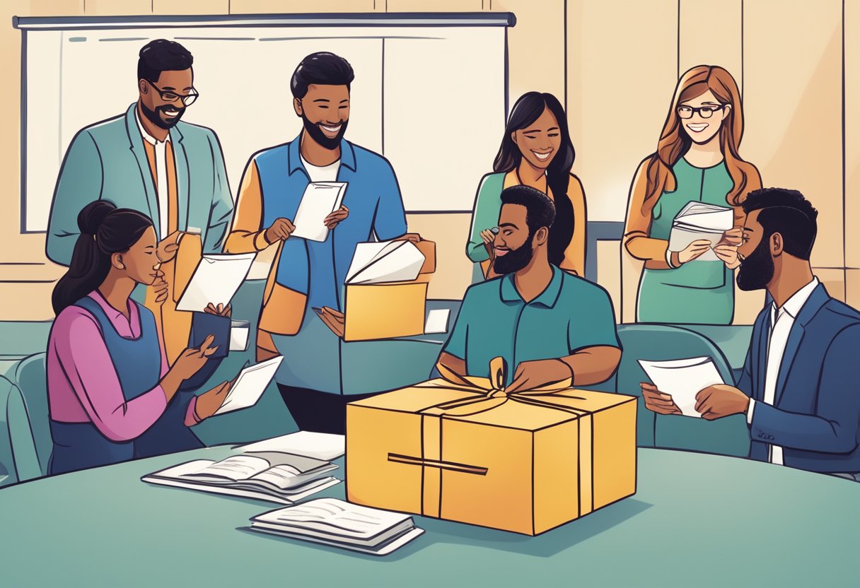 A group of people receiving custom gifts with their company logo and names, while reading a list of frequently asked questions about corporate personalized gift ideas