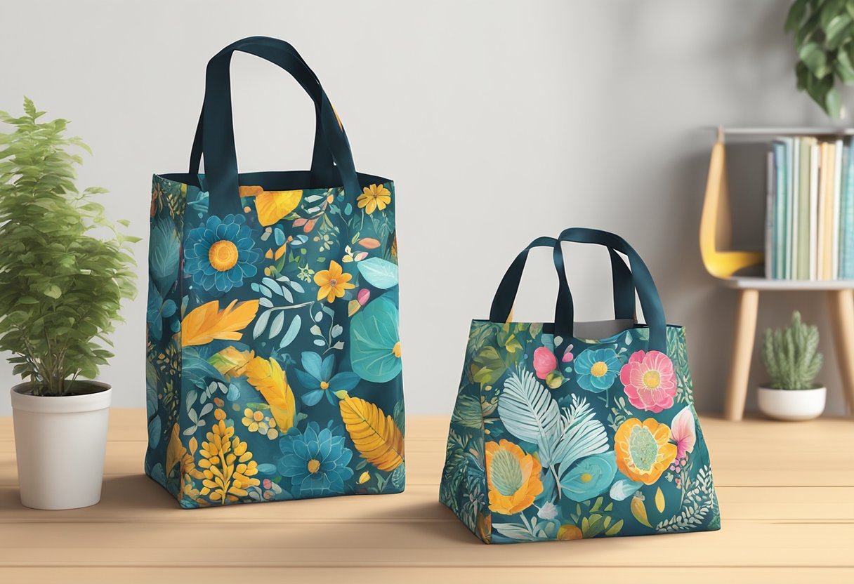 A colorful, lightweight foldable recycle bag with reinforced handles and a compact design, featuring vibrant eco-friendly graphics and a secure closure