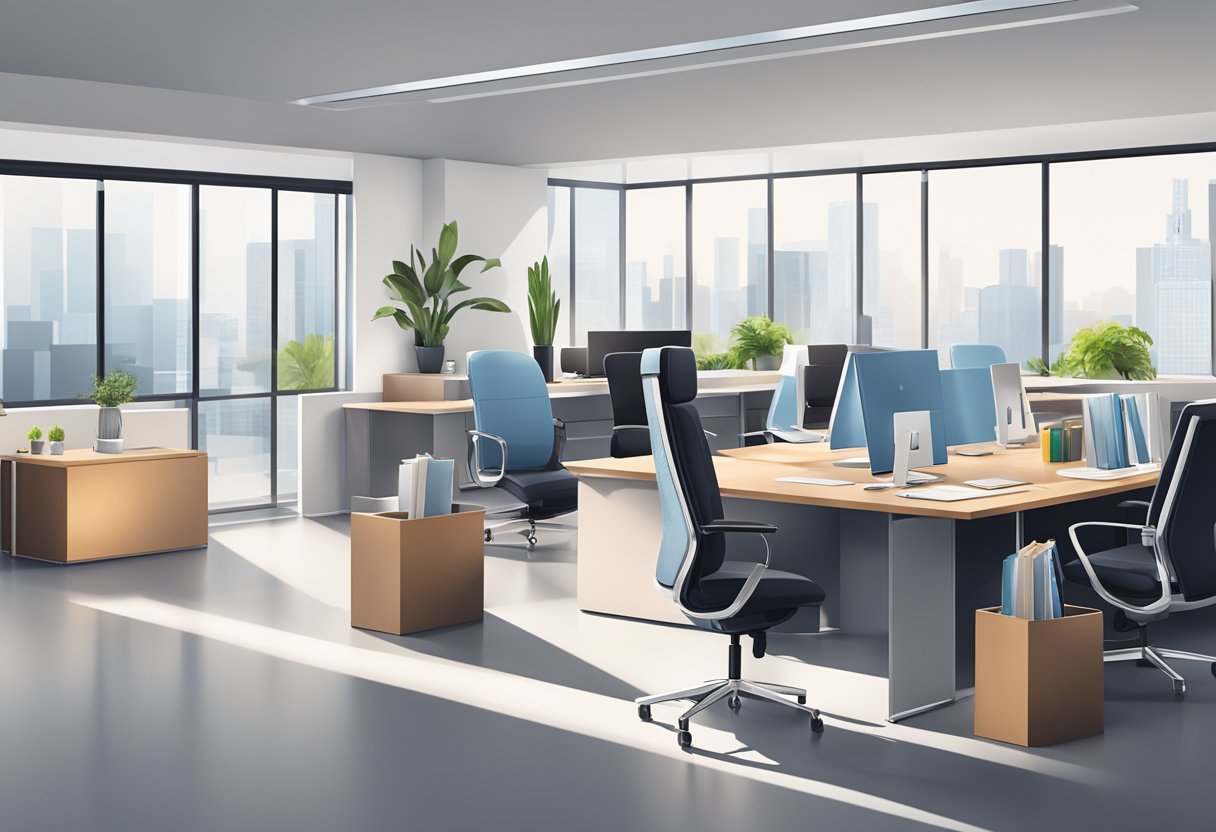 A sleek, modern office setting with a professional-looking individual presenting a range of high-quality corporate gifts to a group of potential clients