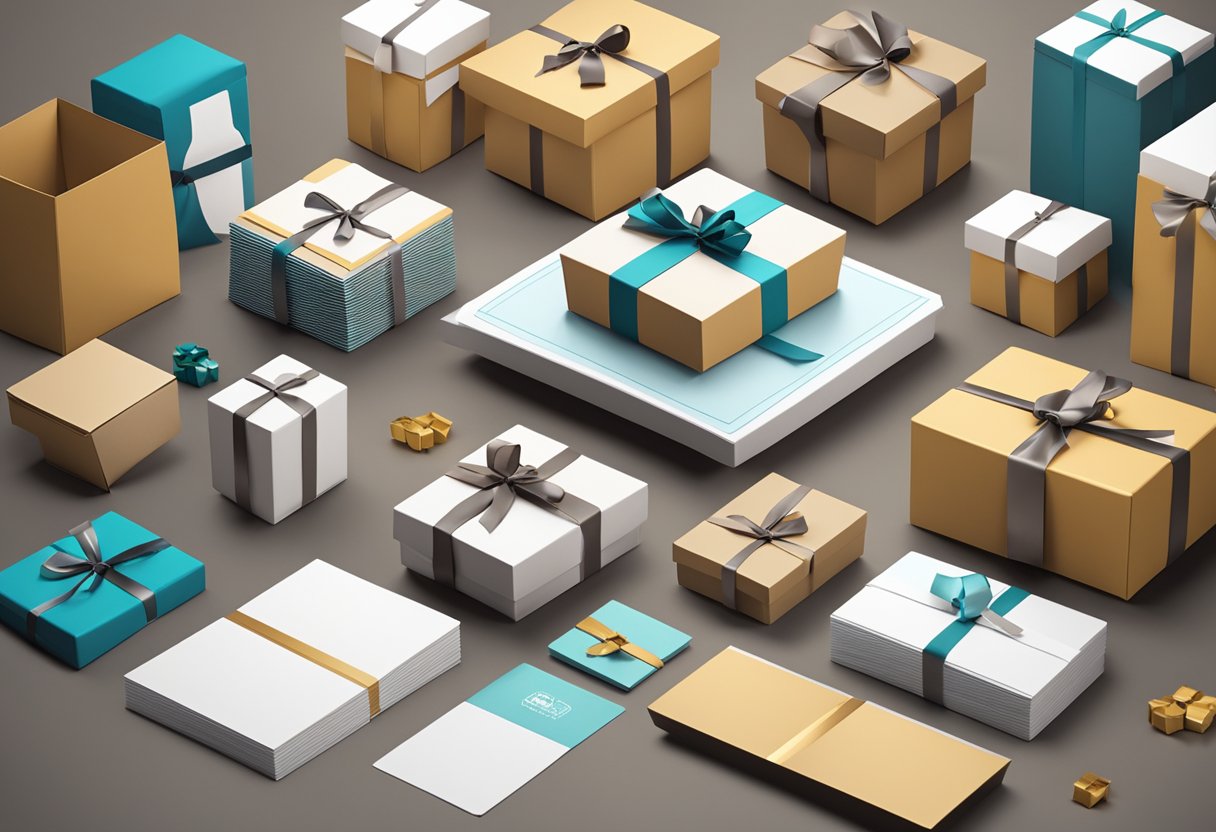 A table with branded gift boxes, ribbons, and cards ready for fulfillment. A stack of shipping labels and packaging materials are nearby