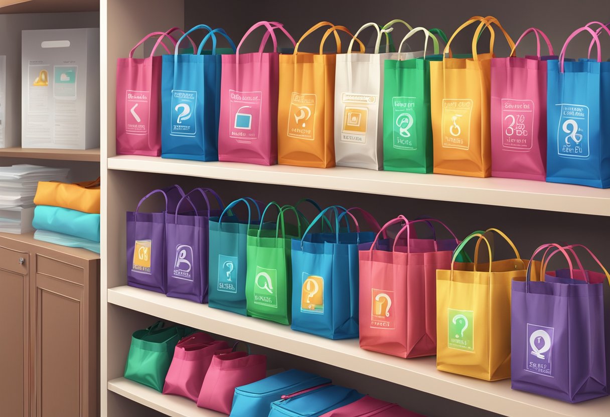 A stack of colorful foldable nylon bags, with "Frequently Asked Questions" printed on them, displayed on a store shelf