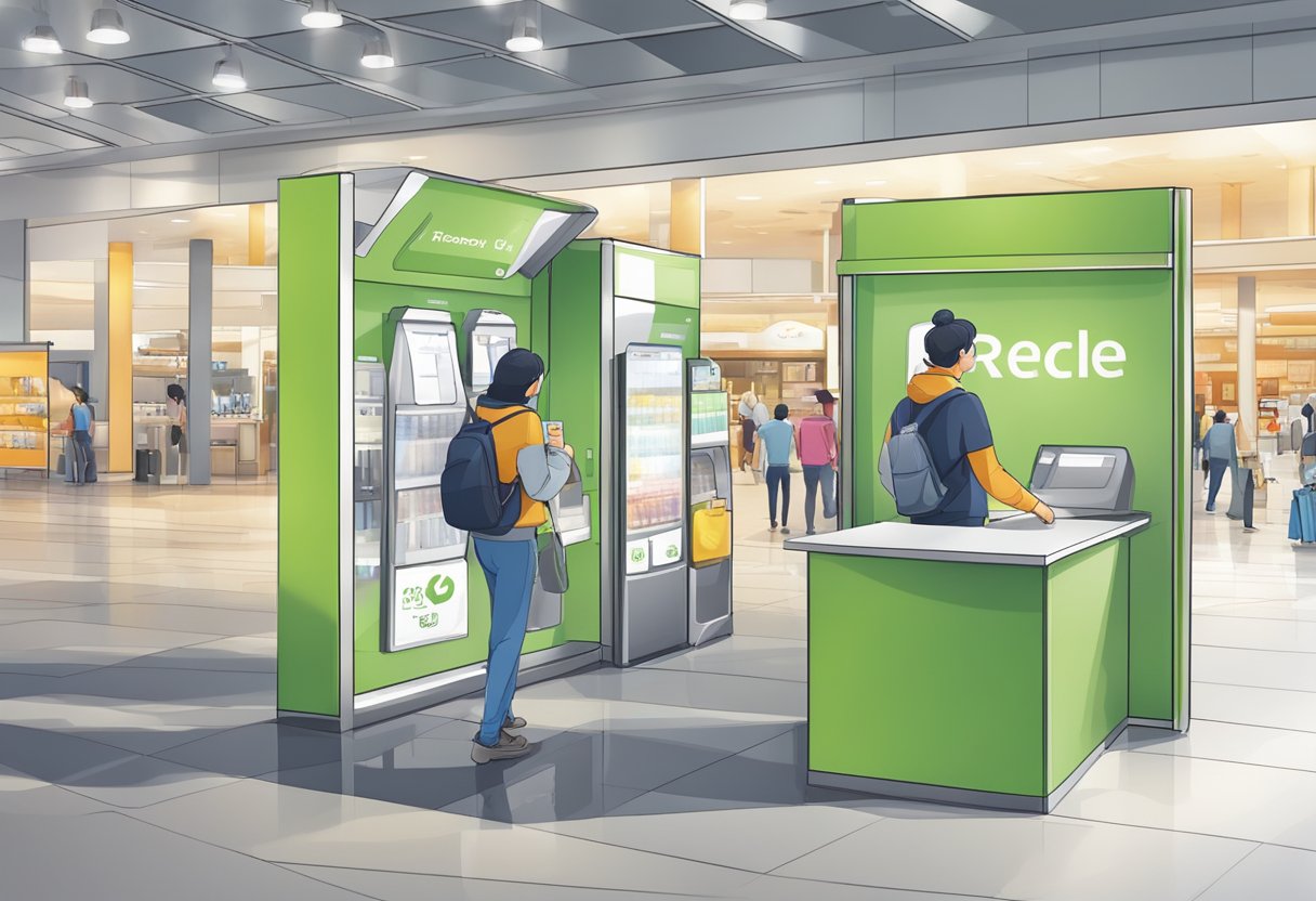 A person selecting and customizing a foldable recycle bag at a kiosk in a busy shopping mall