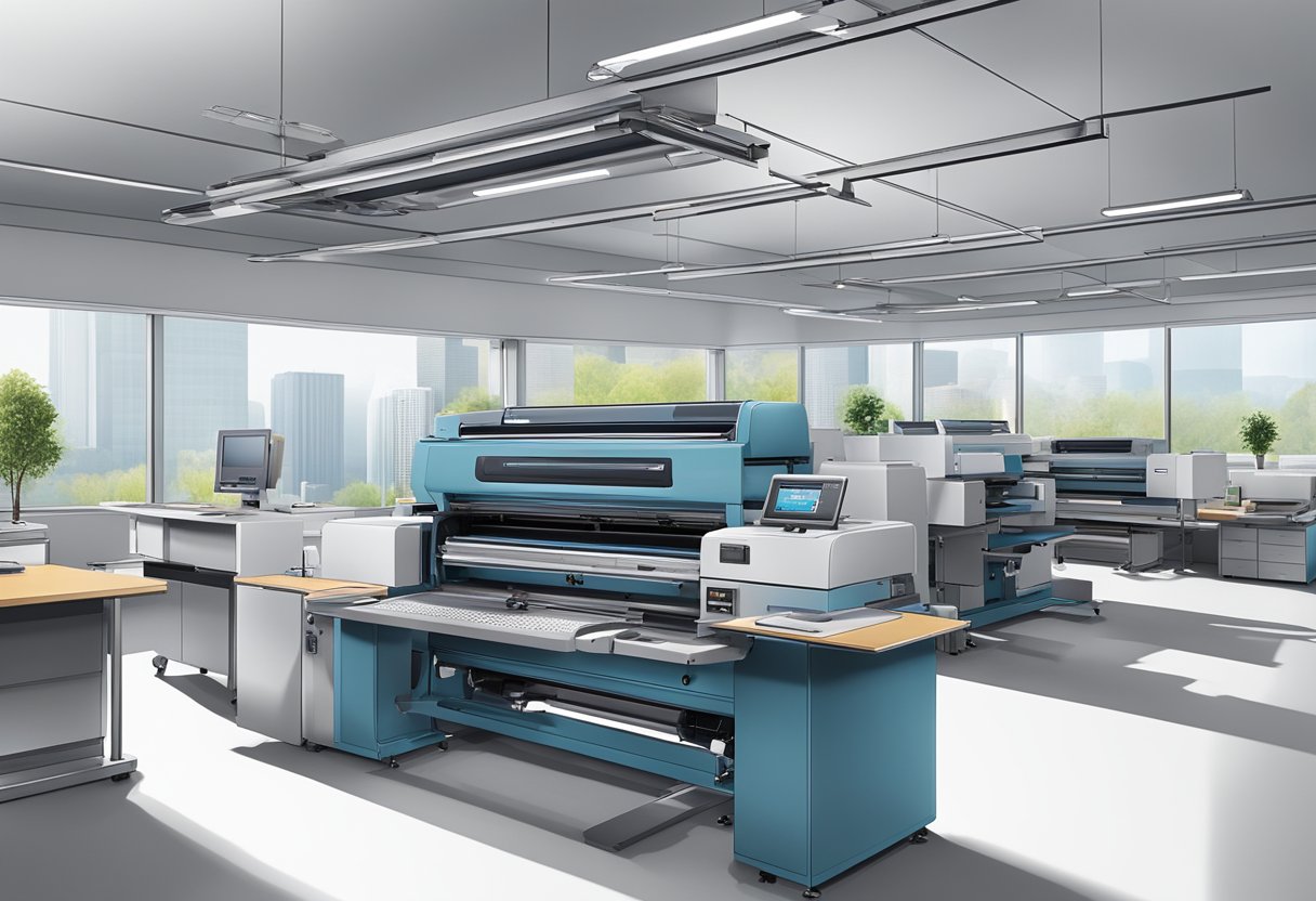 A printing machine meticulously personalizes corporate gifts with logos and designs in a clean, modern office setting