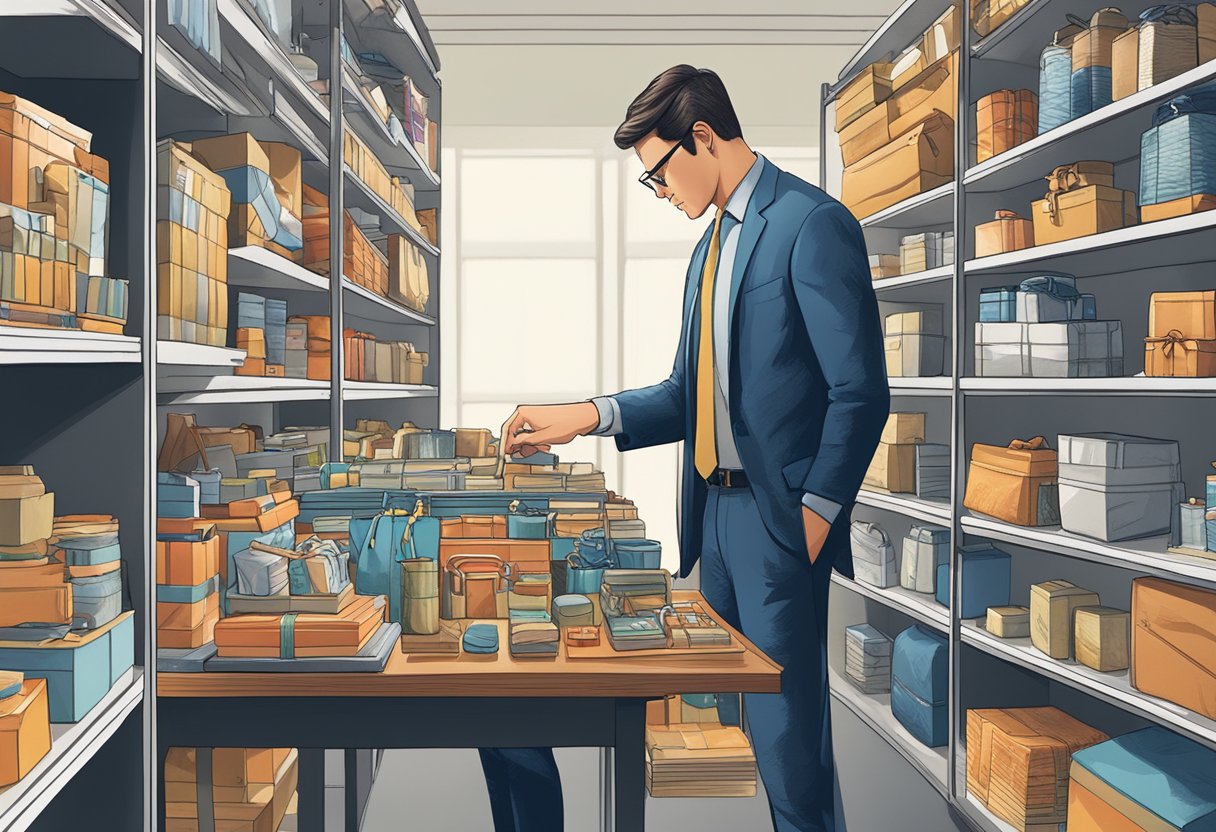 A man browsing through a variety of corporate gifts displayed on shelves and tables, carefully examining each item with a thoughtful expression