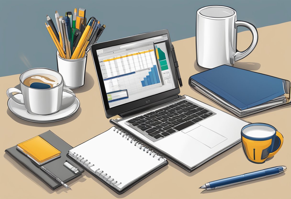 A table with branded merchandise, including mugs, pens, and notebooks, arranged neatly with the company's logo prominently displayed on each item