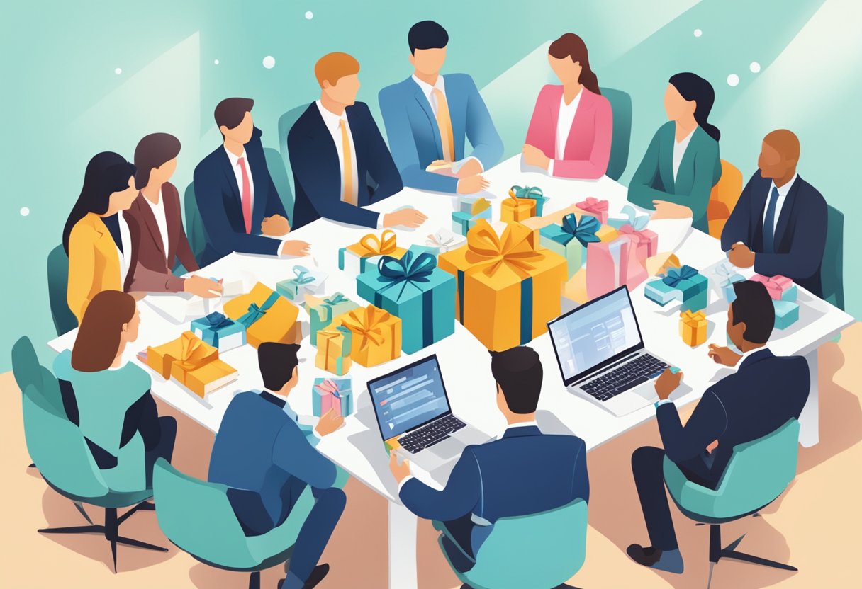 A table adorned with branded gifts, surrounded by executives discussing a corporate gifting strategy