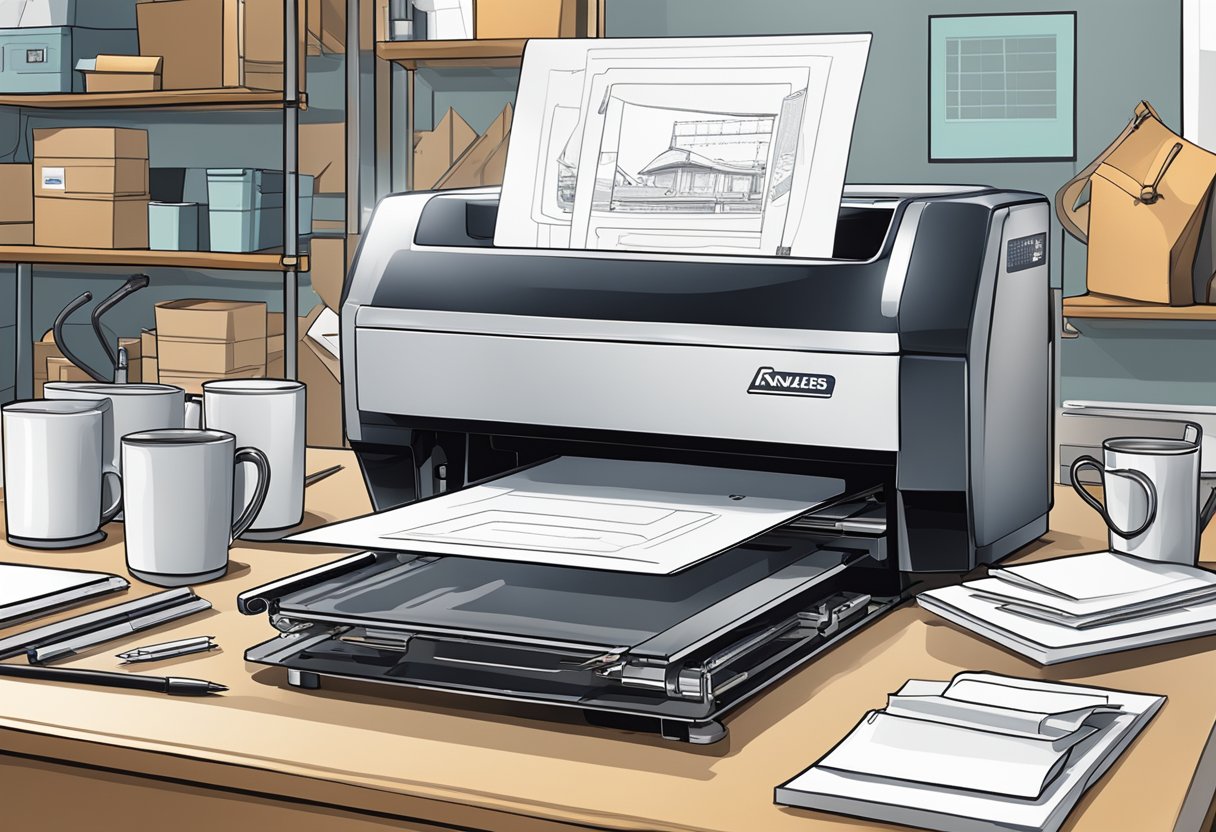 A printer is producing custom corporate gifts, with logos and designs being printed onto various items such as mugs, notebooks, and pens