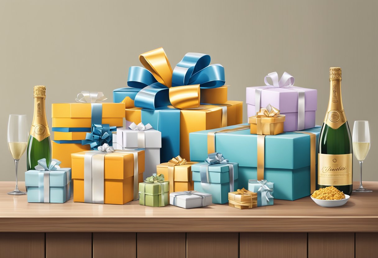 A table adorned with branded gift boxes and company logo items for corporate gifting