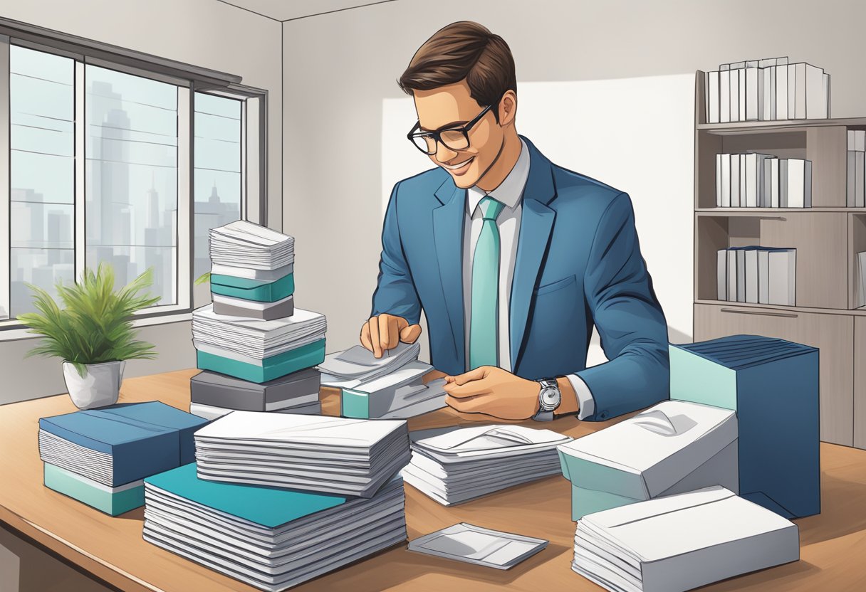 A table with branded corporate gifts, a stack of brochures, and a friendly representative assisting a client