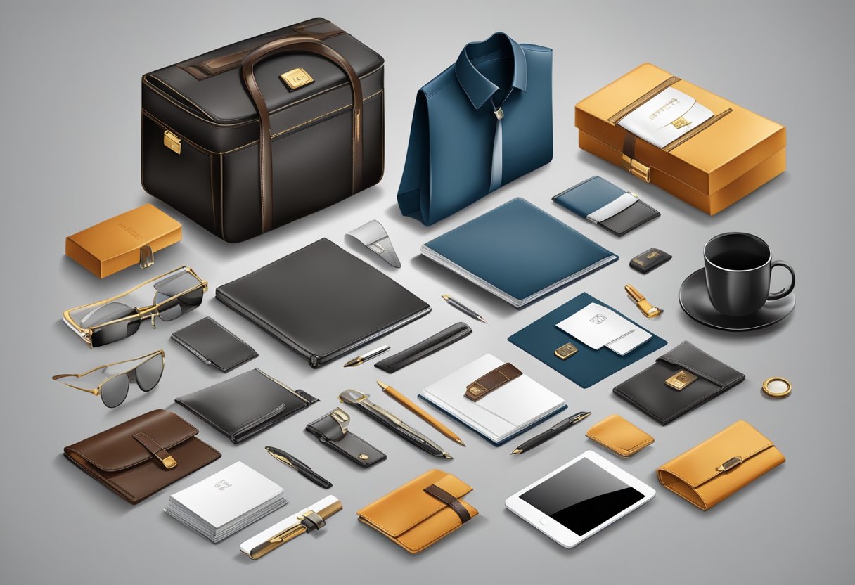 A table with various corporate gift options for men, including branded items and luxury goods, displayed in an organized and attractive manner