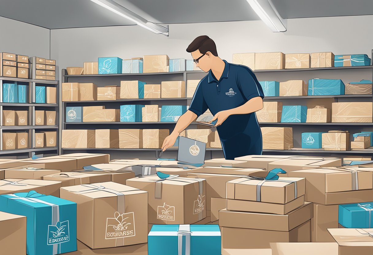 A table covered in branded gift boxes, with a company logo in the background. A staff member scans and packs items into boxes