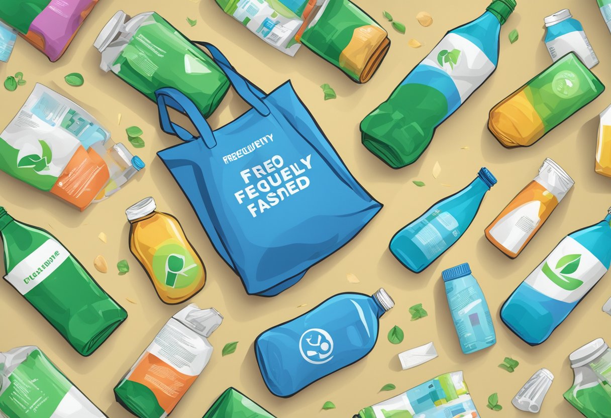 A colorful, durable foldable recycle bag with "Frequently Asked Questions" printed on it, surrounded by various recyclable items like plastic bottles and paper