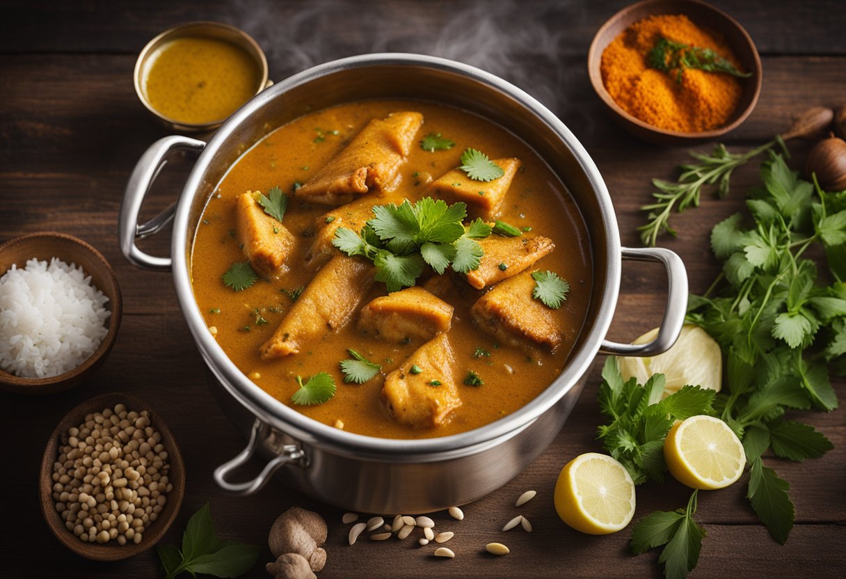 A steaming pot of malvani fish curry sits on a rustic wooden table, surrounded by vibrant spices and fresh herbs