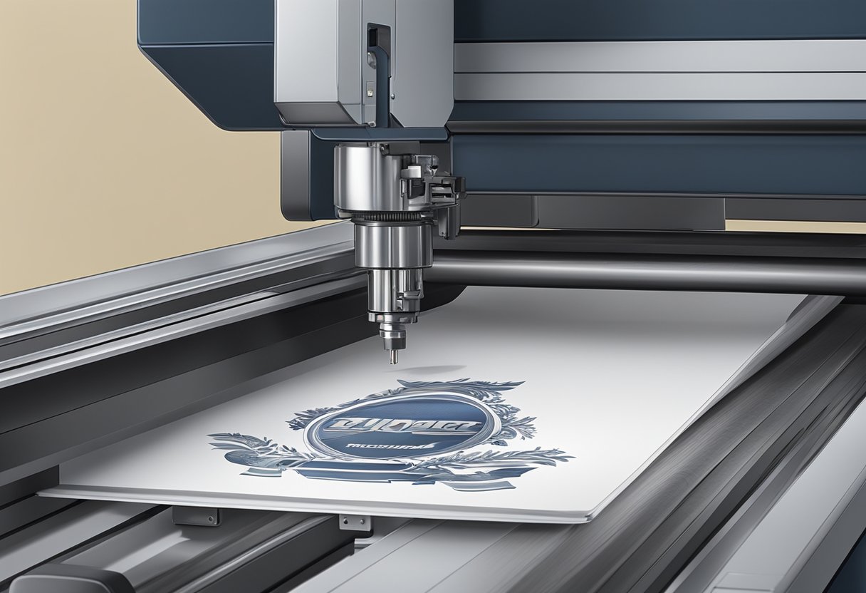 A corporate logo being printed on a high-quality gift item, with precise and detailed printing equipment in a professional setting