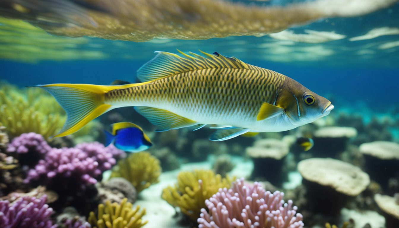 Various Malaysian fish swim in colorful coral reefs, surrounded by vibrant sea plants and clear blue water