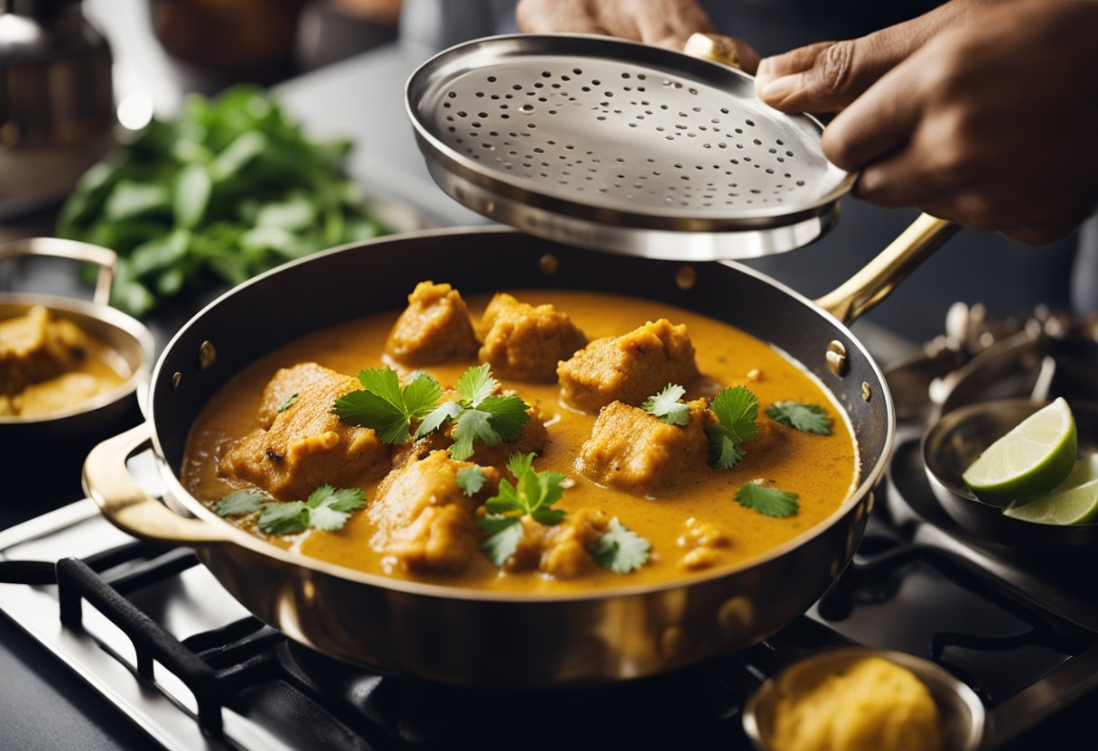 A pot of bubbling malvani fish curry on a stove. A hand holds a ladle, serving the fragrant curry into a bowl