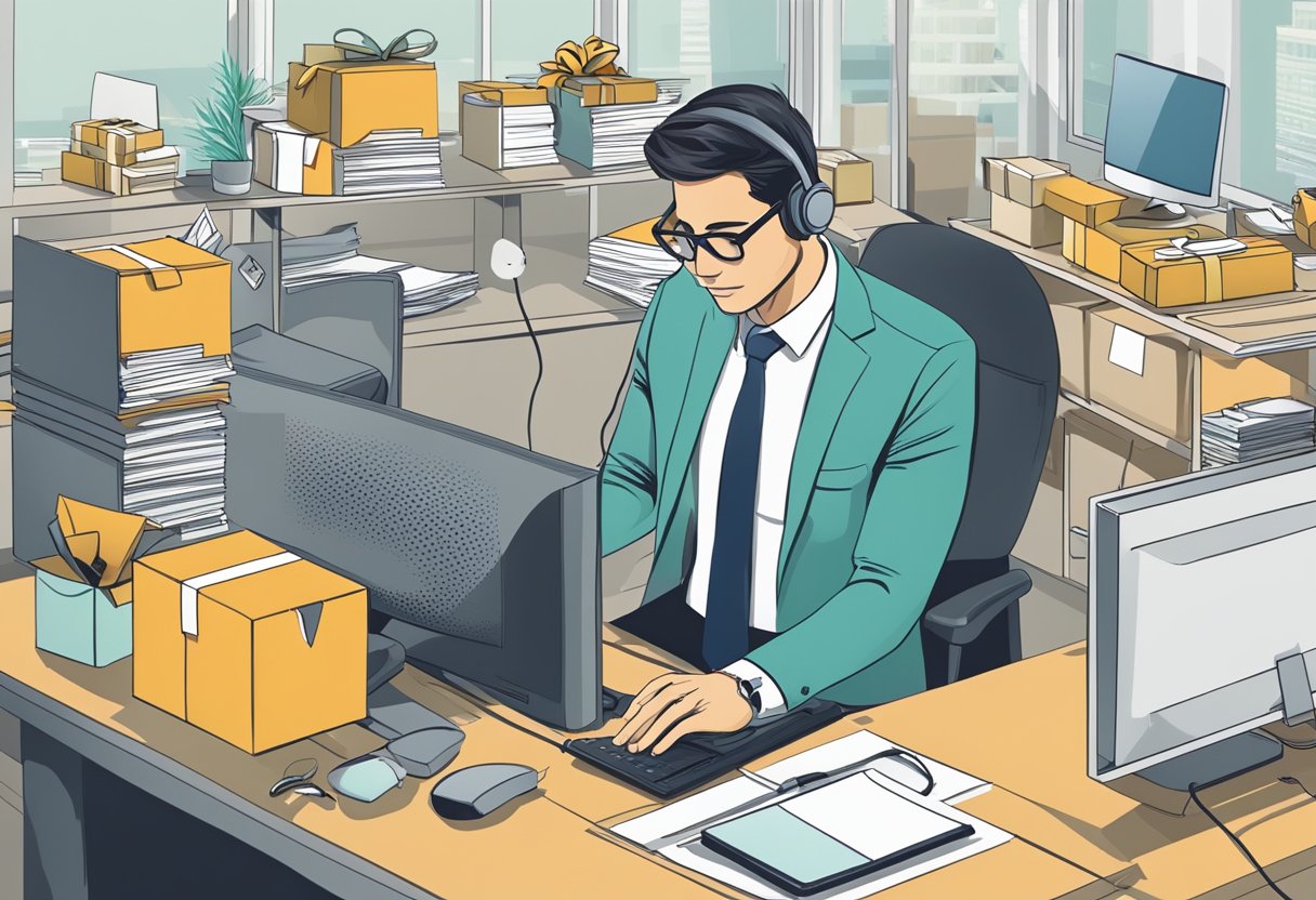 A busy office desk with a computer, phone, and gift boxes stacked neatly, while an employee assists a customer over the phone