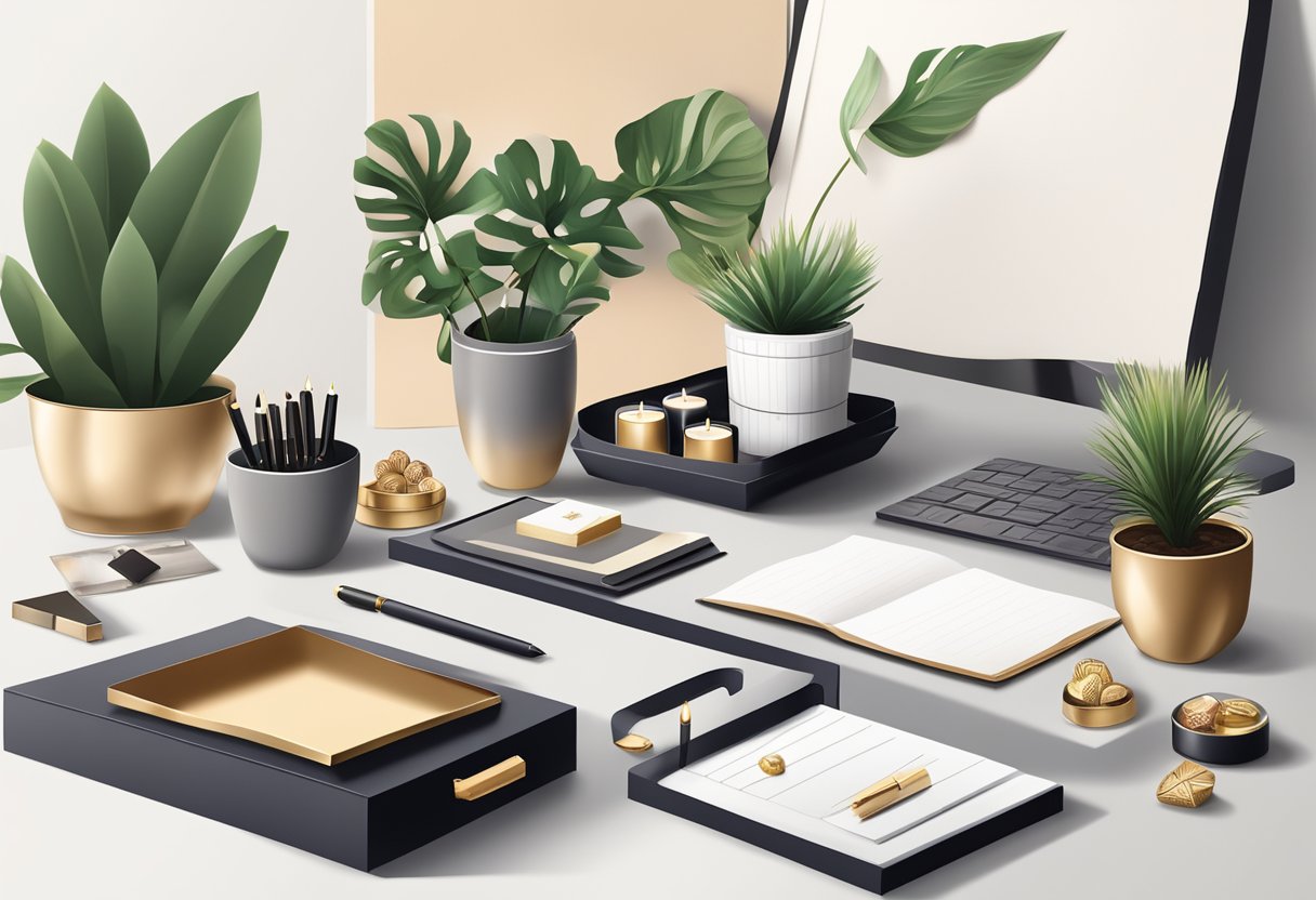 A table adorned with elegant stationery sets, scented candles, and luxury chocolates, surrounded by potted plants and a sleek desk organizer