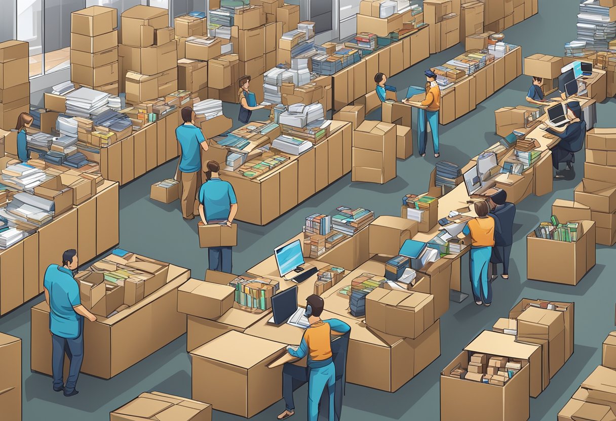 A busy office with boxes of branded gifts being organized and prepared for distribution