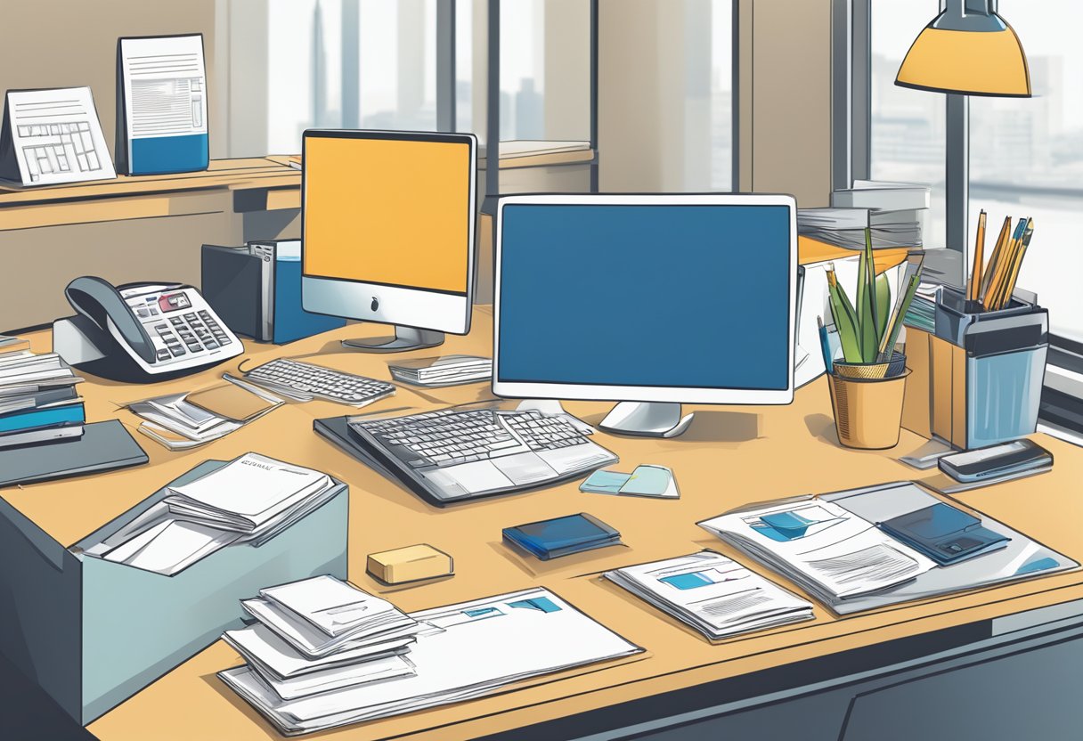 A busy office desk with branded corporate gifts, a computer, and a stack of FAQ pamphlets