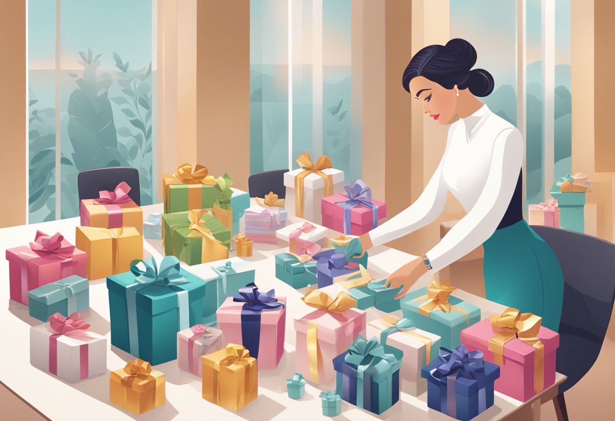 A woman carefully choosing from a variety of elegant corporate gift options displayed on a table. Bright packaging and luxurious textures add to the appeal