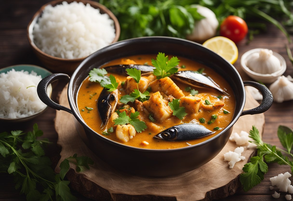 A steaming pot of malvani fish curry with aromatic spices and coconut milk, surrounded by a variety of fresh seafood and vibrant herbs