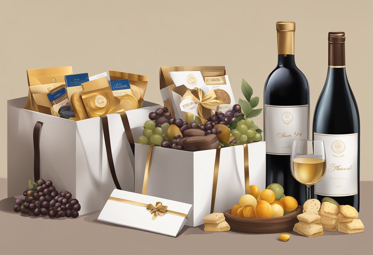 A table displays branded gift boxes and baskets, filled with luxury items like wine, chocolates, and gourmet treats. A thank you card sits on top
