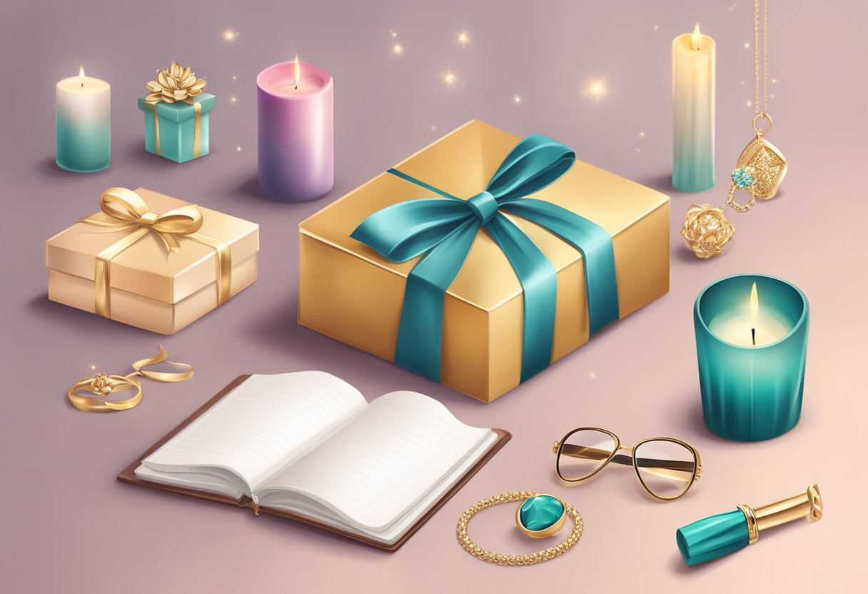 A beautifully wrapped gift box with a ribbon and bow, surrounded by elegant and luxurious items such as a scented candle, a personalized notebook, and a delicate piece of jewelry