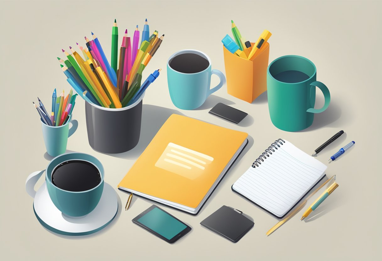 A table with various corporate gifts: pens, mugs, and notebooks. A sign with "Frequently Asked Questions" displayed prominently
