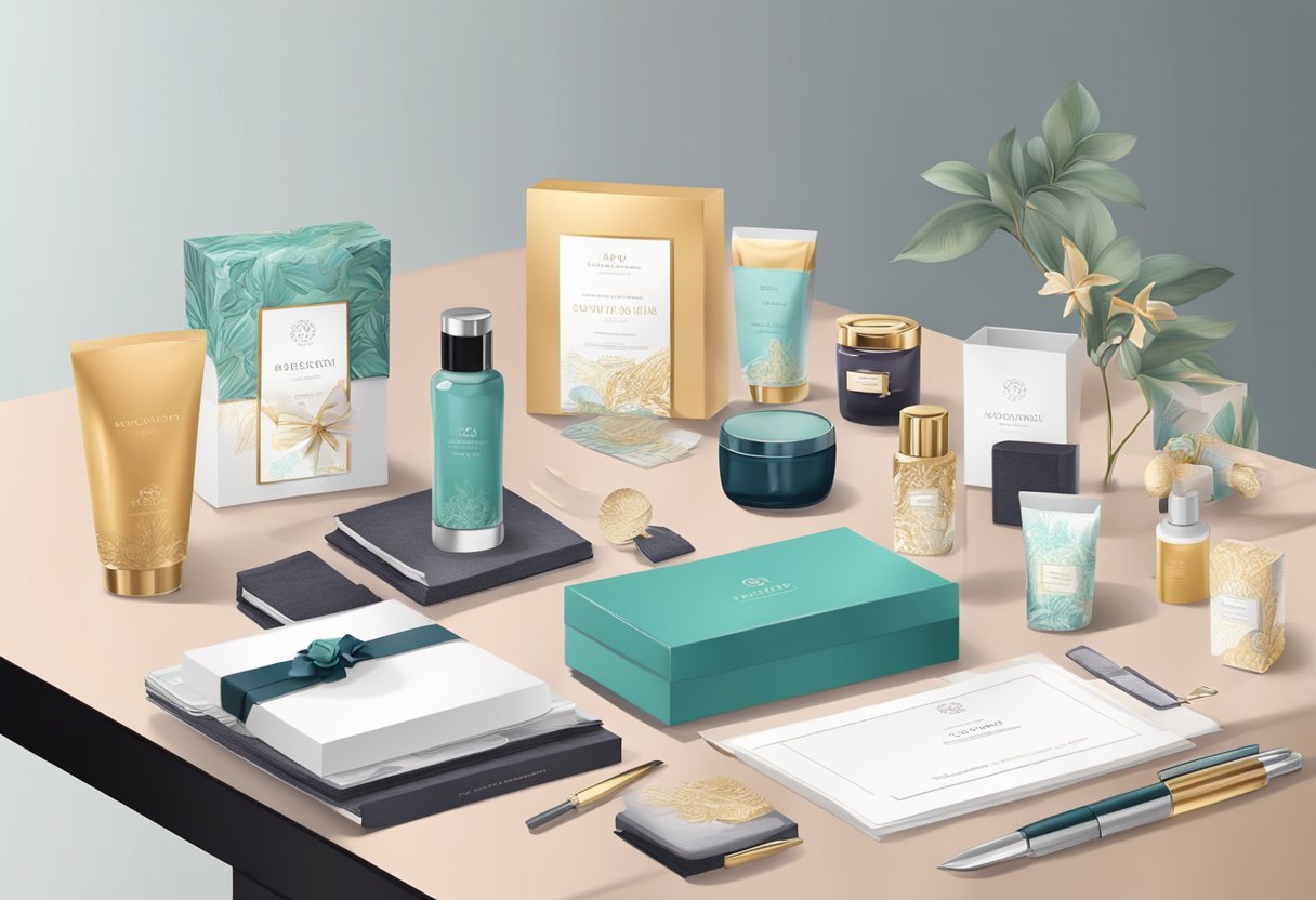 A table adorned with various corporate gift options for women, including elegant stationery, luxurious bath products, and stylish accessories