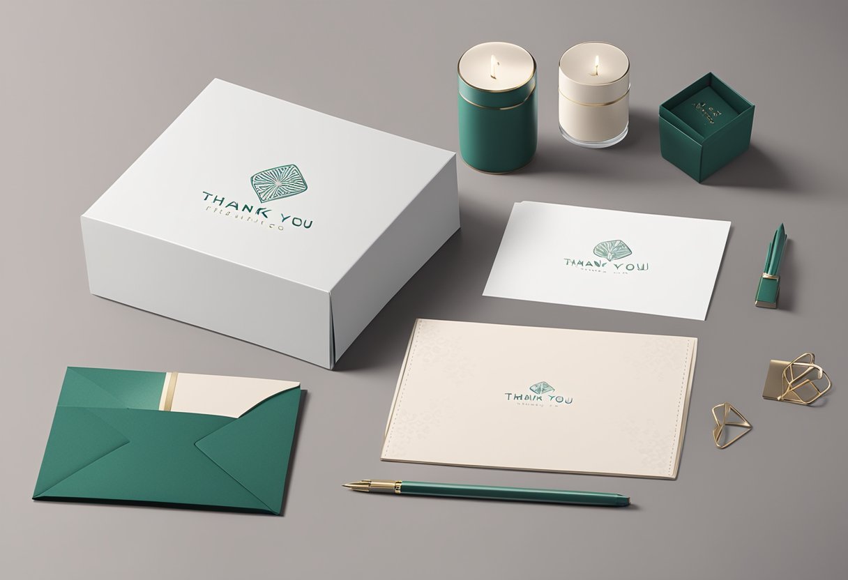 A beautifully wrapped gift box sits on a sleek desk, surrounded by elegant stationery and a personalized thank you card. The logo of a prestigious company is subtly embossed on the box