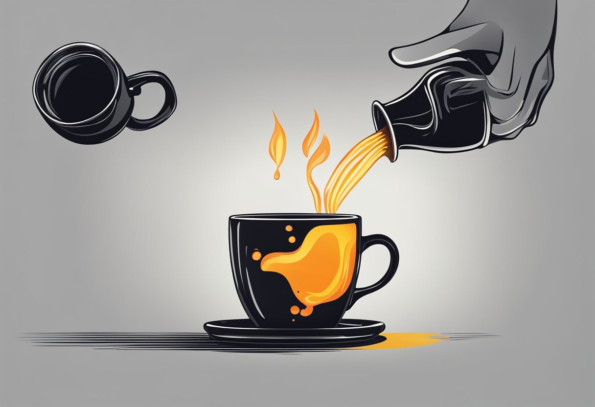 A hand pours hot liquid into a black mug. The mug's surface changes color, revealing a logo