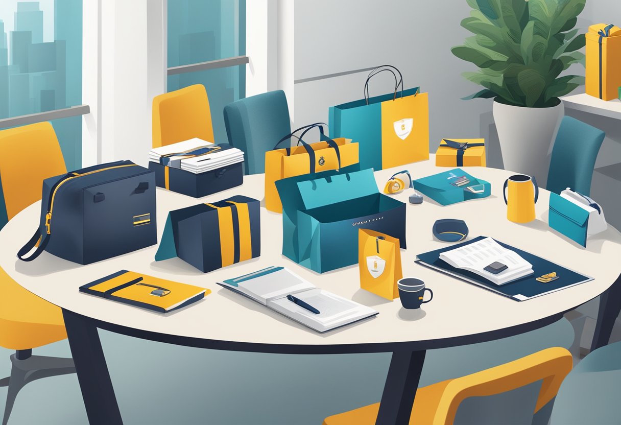 A table with various corporate gift options displayed, including branded merchandise and luxury items. A banner with the words "Corporate Gifts for Impact" hangs in the background