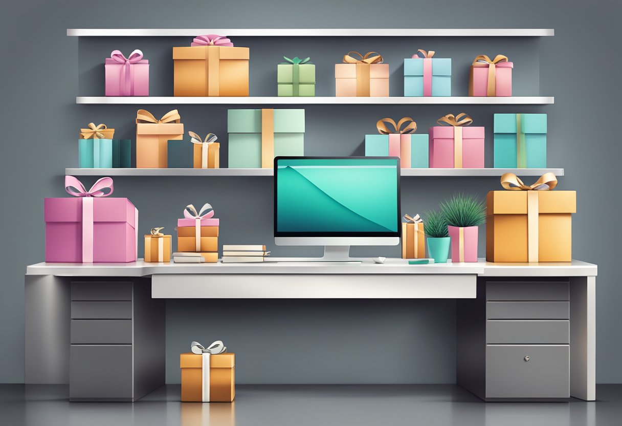 A sleek, modern office desk with a row of elegant gift boxes lined up neatly, each adorned with the company's logo and tied with a luxurious ribbon
