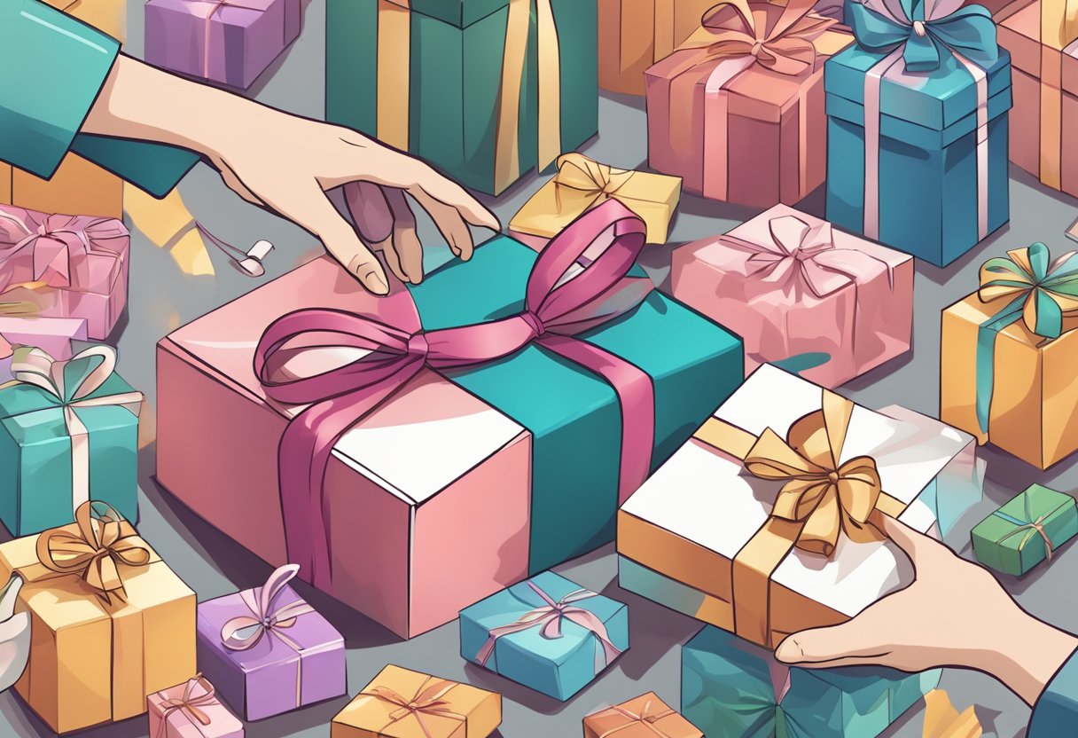 A hand reaching for a beautifully wrapped gift box with a ribbon, surrounded by other gift options on a table
