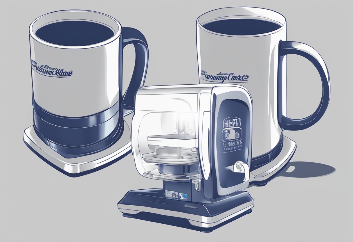 A heat-changing corporate gift mug being customized with a company logo and slogan using a heat press machine
