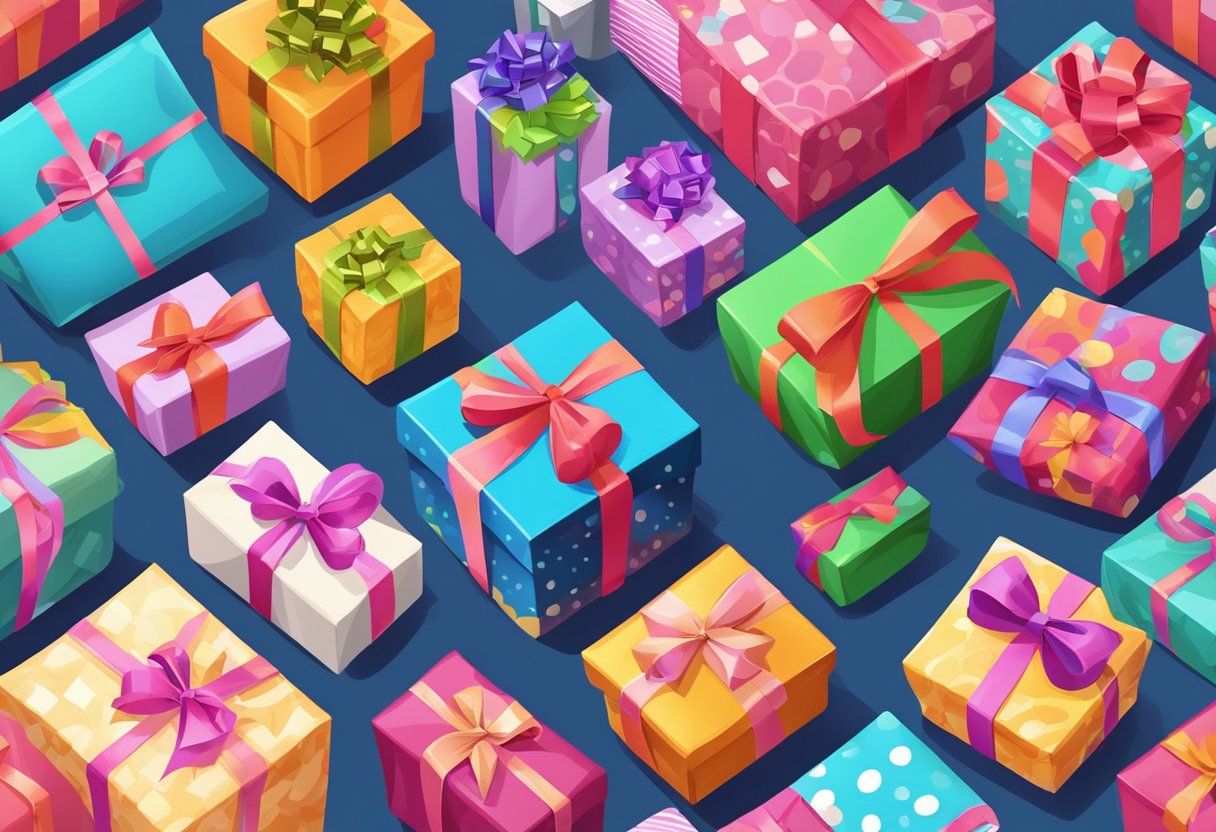 A table covered in colorful wrapping paper, ribbons, and various gift items. A stack of gift boxes, bags, and bows